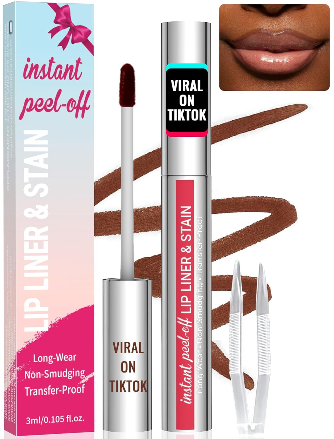 Lip Stain - Lip Liner Stain, Peel off Lip Stain with Tweezer, Natural Long Lasting Lip Stain Peel Off, Waterproof, Easy to Use, Stay on All Day, Coffee
